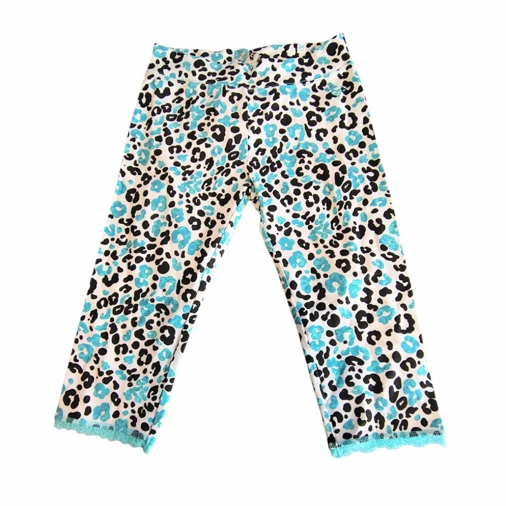 Justice Aqua Black White Leopard Print Lace Hemmed Capri Leggings Size 14 Girls